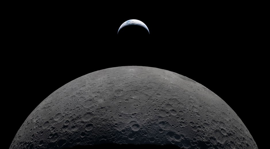 A detailed image of the Moon's crater-covered surface against a black sky, with a partially illuminated Earth rising above the lunar horizon.